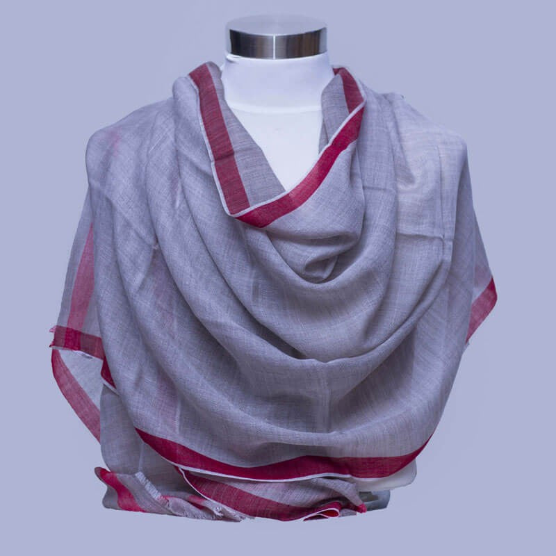 Grey handmade cashmere ring shawl with red border from Nepal
