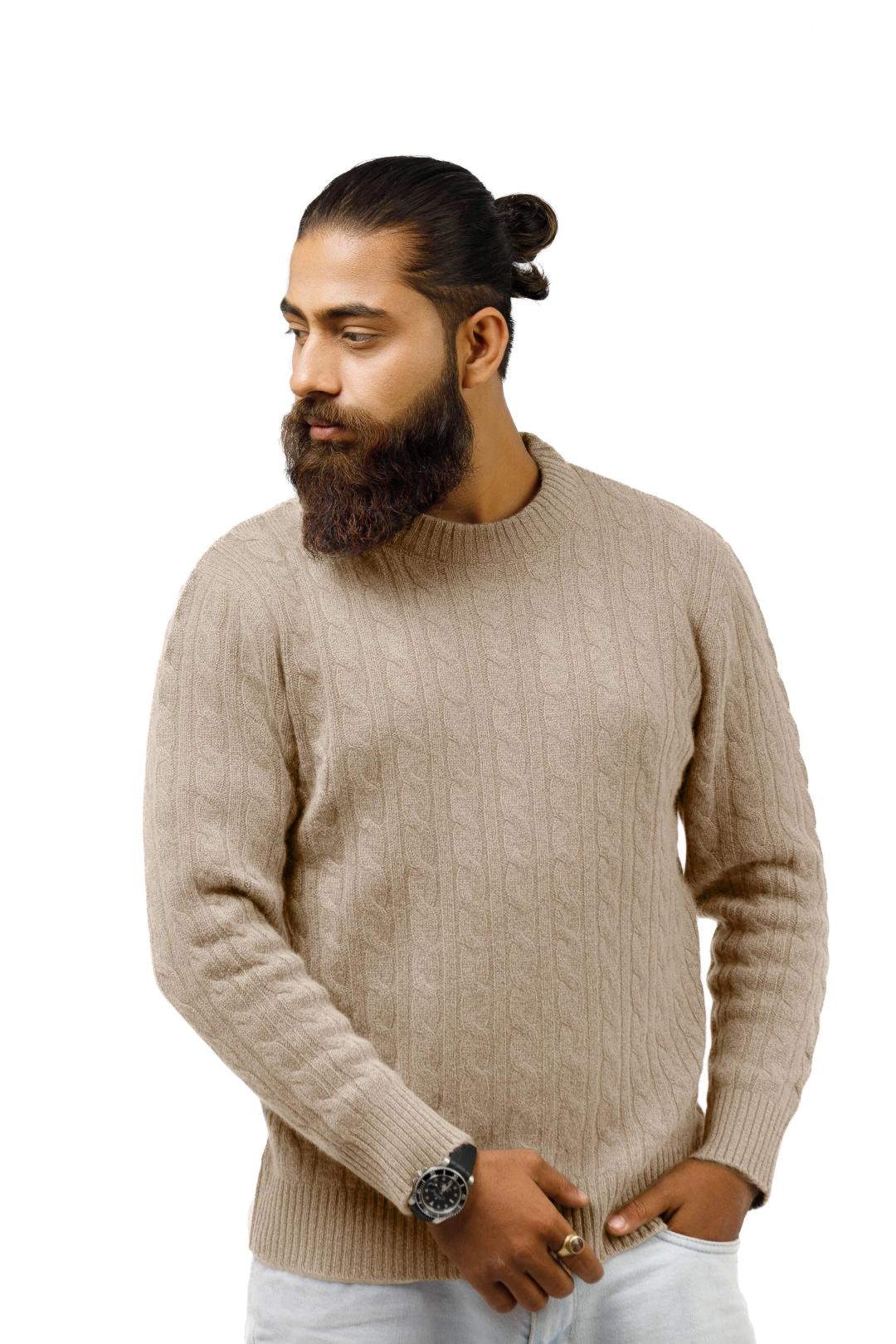 cable knit mans cashmere beige sweater