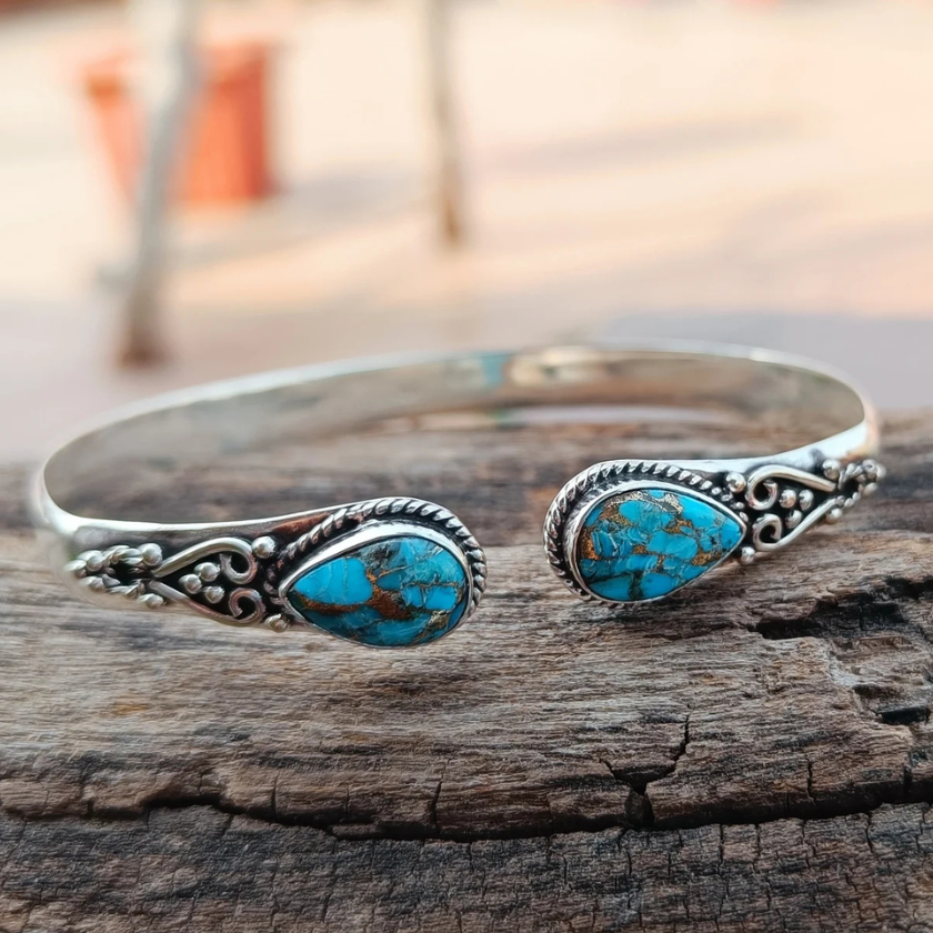 Handmade 925 Sterling Silver Bracelet – Natural Turquoise Gemstone | Artisan Crafted in Nepal