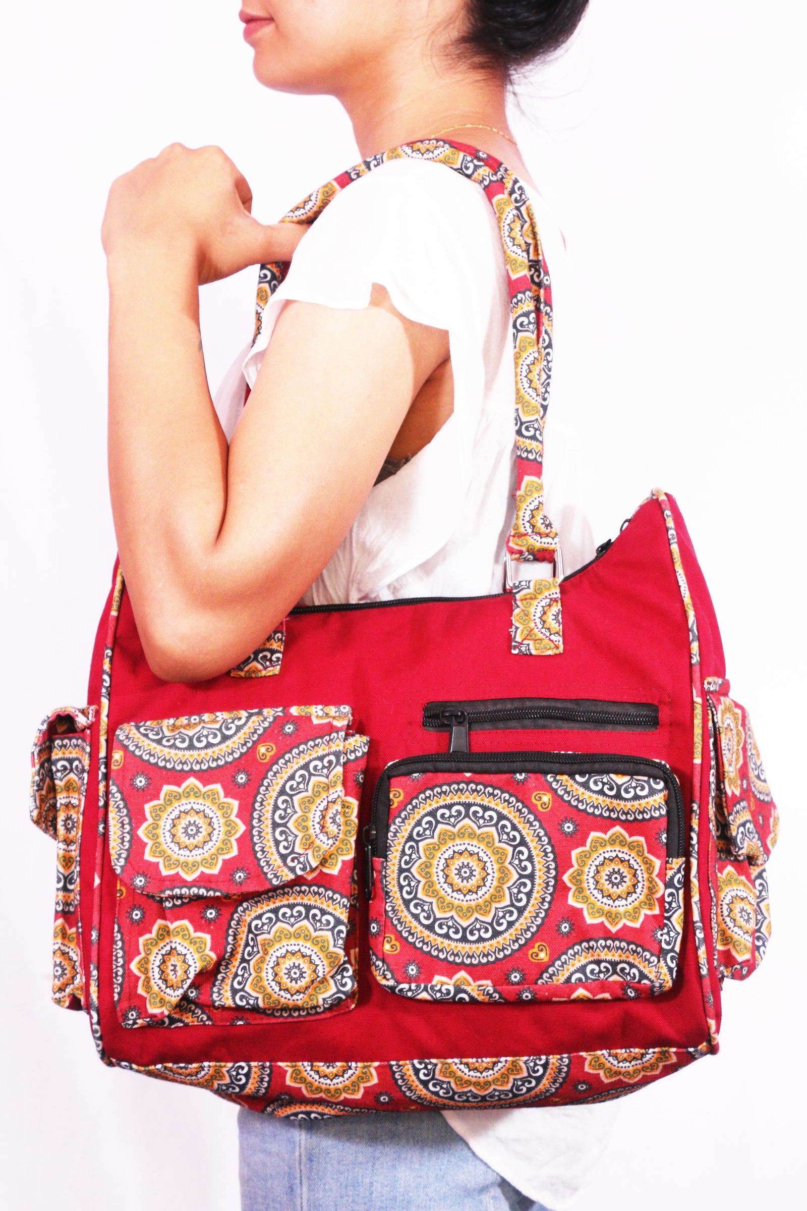Handmade Cotton Boho Shoulder Bag | Multi-Pocket Travel Tote | Ethically Made in Nepal