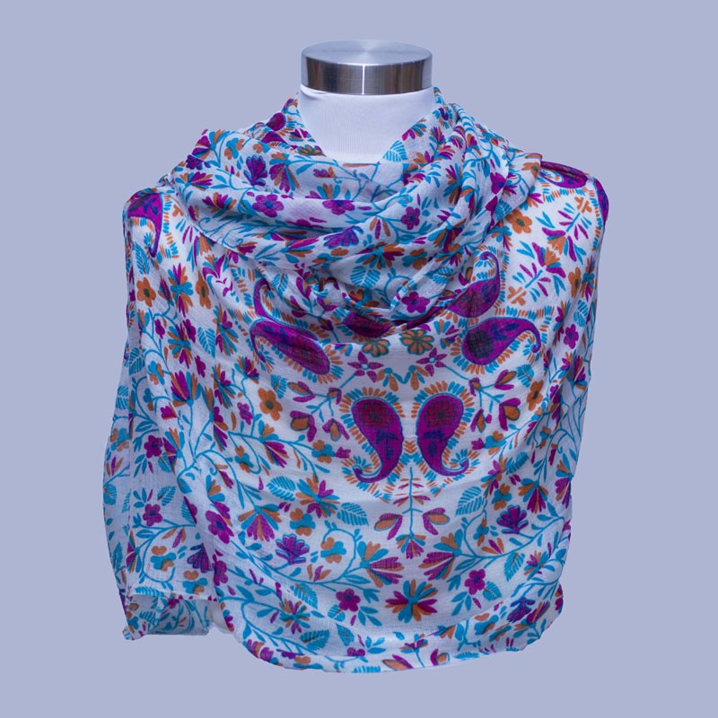 Handmade floral print cashmere ring shawl from Nepal, soft and lightweight wrap