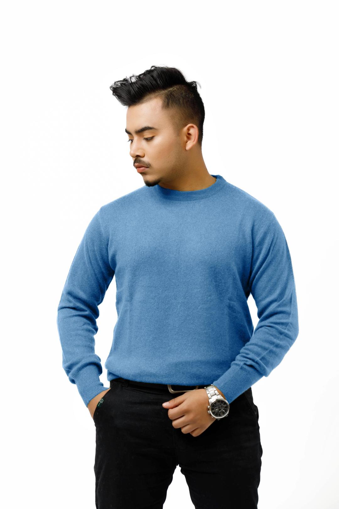 Handmade 100% cashmere crew neck sweater for men in sky blue, luxury lightweight knit crafted in Nepal