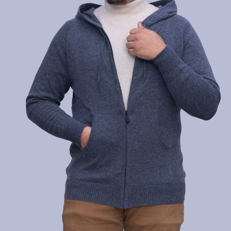 Handmade 100% cashmere zip-up hoodie for men, soft knit luxury sweater crafted in Nepal