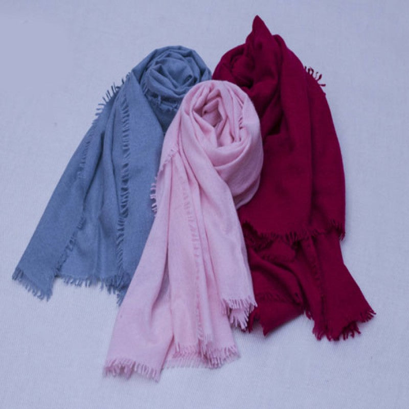 Handmade 100% cashmere scarves in sky blue, pink, and maroon, 2-ply woven luxury wraps made in Nepal